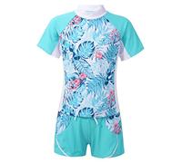 ranrann Kids Girls Sports Swimming Costumes Two Pieces Short Sleeve Rash Guard Set Swimsuit Tropical Leaves 13-14 Years