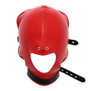 ranrann Leather Full Face Mask Hood Head Cover Headgear Hat With Drawstring Adjustable Hollow Out Masquerade For Party Red with Mouth Hole One Size
