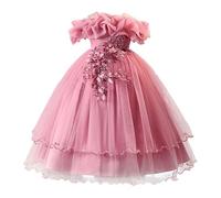 ranrann Little Girls Embroidery Pageant Gown Off Shoulder Puffy A Line Wedding Birthday Party Tutu Dress Dusty Pink 5-6 Years