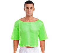 ranrann Mens Fishnet See Through Shirts Loose Fit Short Sleeve Mesh Tshirts Neon 80s Disco Outfits Fluorescent Green L