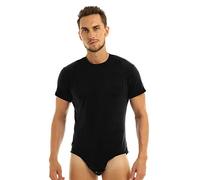 ranrann Men's One Piece Short Sleeve Tops Shirt Bodysuit High Cut Press Button Crotch Romper Black M