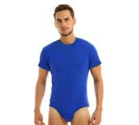 ranrann Men's One Piece Short Sleeve Tops Shirt Bodysuit High Cut Press Button Crotch Romper Blue L