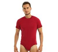 ranrann Men's One Piece Short Sleeve Tops Shirt Bodysuit High Cut Press Button Crotch Romper Red A L