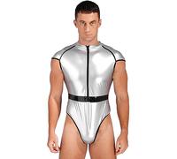 ranrann Men's Sleeveless Vest Tank Top Bodysuit PVC Leather Romper Wetlook Bodysuit Silver L