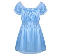 ranrann Men's Soft Shiny Satin Lace Trim Short Cape Sleeve French Maid Sissy Crossdress Nightwear Dress Blue XL
