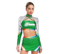 ranrann Women Cheerleading Outfit Dance Costume for Teen Long Sleeve Tank Top Outfit with Skirt Set Green XL