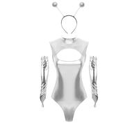ranrann Women Sexy Alien Bodysuit Adult Sleeveless High Cut Leotard Space Man Halloween Costume Silver L