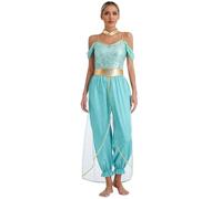 ranrann Womens Arabian Princess Romper with Metallic Shiny Choker Collar Belly Dance Costume Turquoise 4XL