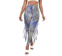 ranrann Women's Shiny Mermaid Fish Scale Printed Full Length Leggings High Waist Slimming Workout Yoga Pants Gold&Blue M