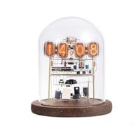 RANRAO Glow Tube Clock, Nixie Tube Clock, Classic Retro Tube Clock LED Punk Tube Clock Kit with Round Glass Wooden Base, Digital Cyberpunk-Style Steampunk Desktop Decor(Dark Wood Base)