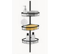 RANRHA Adjustable Corner Shower Caddy with Tension Pole - 3-Tier Rustproof Organizer Shelf for Bathroom Storage, Extendable Height 145-250 cm, Black Metal Shower Rack with Hooks & Baskets