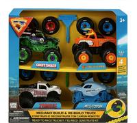 RANRHA Monster Truck 4-Pack Build & Re-Build Kit - Includes Grave Digger, El Toro Loco, Zombie & Megalodon - 1:43 Scale Monster Trucks with Interchangeable Tires & Tool - Toy Gift for Kids Ages 3+