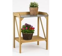 RANRHA Wooden Plant Stand with Galvanized Metal Top - 2-Tier Garden Potting Bench, 90x70x41cm, Solid Wood Construction, Slatted Shelf, Outdoor & Indoor Use