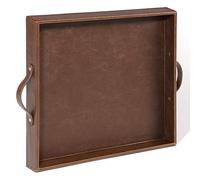 Ranslen Square Leather Serving Tray with Handles, 15"x15" Decorative Table Tray for Home, Ottoman, Coffee Table, Brown
