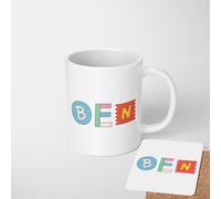 Ransom Letter Style Personalised Name Mug Gift Set - Custom Printed Ceramic Mug, Mug or Matching Coaster with Cut-Out Font - Fun Gift for Kids, Teens, Adults, Office or School