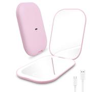 Rantizon Rechargeable Compact Mirror, Portable Led Travel Makeup Mirror Charging Pocket Handbag Mirror 1X/2X Magnification 3 Light Modes for Women Teenage Girls Gift Sets Pink