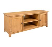 Rantry TV Stand, Solid Oak Wood Entertainment Centre Cabinet with 2 Doors and 2 Open Compartments, 110x35x44 cm TV Unit Living Room Furniture for Indoor Storage