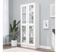 Rantry Vitrine Cabinet White 82.5x30.5x185.5 cm Engineered Wood, Modern Bookcase with Glass Doors, Freestanding Display Storage Cabinet for Living Room Office Sideboard Shelving Unit Bookcases