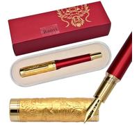 Ranvi Jinhao Dragon Fountain Pen,Medium Nib,Golden Dragon Stereoscopic Carving Cap Design,with Gift Box(Red)