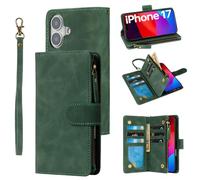 RANYOK Wallet Case Compatible with iPhone 17, 6 Card Holder with RFID Blocking, PU Leather Zipper Flip Wallet Pocket, Kickstand, Wrist Strap | Protective Phone Cover for 17,Black Green