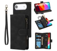 RANYOK Wallet Case Compatible with iPhone 17 Air, 6 Card Holder with RFID Blocking, PU Leather Zipper Flip Wallet Pocket, Kickstand, Wrist Strap | Protective Phone Cover for 17 Air, Black