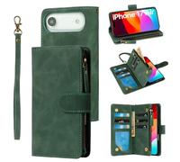 RANYOK Wallet Case Compatible with iPhone 17 Air, 6 Card Holder with RFID Blocking, PU Leather Zipper Flip Wallet Pocket, Kickstand, Wrist Strap | Protective Phone Cover for 17 Air,Black Green