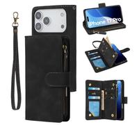 RANYOK Wallet Case Compatible with iPhone 17 Pro, 6 Card Holder with RFID Blocking, PU Leather Zipper Flip Wallet Pocket, Kickstand, Wrist Strap | Protective Phone Cover for 17 Pro, Black