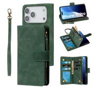 RANYOK Wallet Case Compatible with iPhone 17 Pro, 6 Card Holder with RFID Blocking, PU Leather Zipper Flip Wallet Pocket, Kickstand, Wrist Strap | Protective Phone Cover for 17 Pro,Black Green