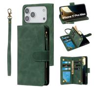 RANYOK Wallet Case Compatible with iPhone 17 Pro Max, 6 Card Holder with RFID Blocking, PU Leather Zipper Flip Wallet Pocket, Kickstand, Wrist Strap | Protective Phone Cover for 17 Pro Max,Black Green