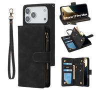 RANYOK Wallet Case Compatible with iPhone 17 Pro Max, 6 Card Holder with RFID Blocking, PU Leather Zipper Flip Wallet Pocket, Kickstand, Wrist Strap | Protective Phone Cover for 17 Pro Max, Black