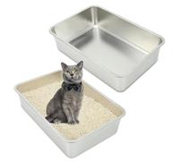 RANYPET Large Cat Litter Tray Stainless Steel Pack of 2, Stainless Steel Cat Litter Tray for Large Bunny and Large Cats, Open Cat Litter Tray, Easy to Clean, Never Odours, Stain-Free, Rustproof,