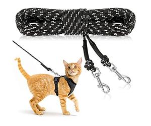 RANYPET Reflective Long Cat Lead, 4.5M/15FT Escape Proof Lightweight Cat Leash, Extendable Personalized Cat Lead for Training Playing Outdoor, Lead for Kitten, Puppy, Rabbit and Small Animals Black