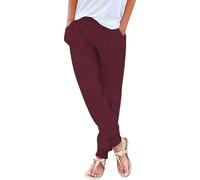 raoieykaxu Pants for Women UK Casual Cotton Linen Drawstring Waist Trousers Womens Joggers Plain Fadhion Comfy Gym Yoga Outdoor Running Hiking Walking Activewear Work Tracksuit Bottoms Leisure Wine