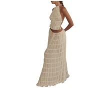RAOKENSU Two-Piece Chiffon Summer Outfits Women's Elegant Trouser Suit Lounge Set Backless Halterneck Top and Plain Chiffon Skirt with Drawstring Crop Top Slim Fit Maxi Skirt, O White, XL