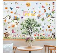 RAORAOYUE Hello Spring Window Stickers, Decorations, Flowers Butterflies Birds Dog Tree PVC Window Decals for Mirror Glass, Spring Party Supplies