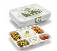 RAP Gloves Bagasse 6 Compartment Meal Trays - 100 Pack - Disposable Plates for Catering, Takeaways, Schools, Office Canteens, Hospital & Care Home - Made from Sugarcane - Polystyrene-Free