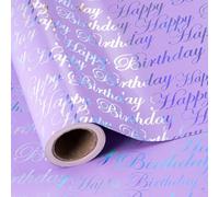 RAPAHOLIC Reversible Birthday Wrapping Paper - Mini Roll - 17 Inch x 9.8 Feet - Puprle and Silver Foil Happy Birthday Wrapping Paper for Girls, Women, Kids, Baby Shower
