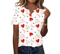 Rapbin Ladies Summer Tops Womens Casual T Shirts V Neck Elegant Floaty Floral Printed Tunic Blouse Love Heart-M(UK 12-14)