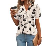 Rapbin Ladies Tops Puff Short Sleeve Summer T Shirts V Neck Elegant Floaty Floral Printed Tunic Blouse Apricot Black Floral-L(UK 16-18)