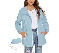 Rapbin Ladies Waterproof Jackets Thin Breathable Packable Rain Jacket Packable Hooded Thin Rain Coat Wind Breaker(Light Blue,L)