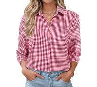 Rapbin Long Sleeve Tops for Women Button Down Shirts Lady Executive Office Business Casual Cotton Ladies Blouses Red Plaid L(UK 16-18)
