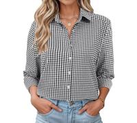 Rapbin Plus Size Clothing for Women Casual Long Sleeve Tops V Neck Button Down Shirts Curved Hem Tunic Black and White Plaid XXL(UK 20-22)