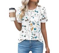 Rapbin Short Sleeve Blouses for Women Round Neck Pleated Shirts Summer Holiday Tops,Branch,M
