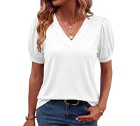 Rapbin T Shirts for Women V Neck Tops Ladies Solid Puff Short Sleeve Summer 2026 Casual Blouses White