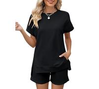 Rapbin Tracksuit Womens Full Set Round Neck Solid Color 2025 Summer Short Sleeve Lounge Shorts Sets with Pockets Black
