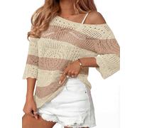 Rapbin Women Beach Coverups Hollow Out Bikini Cover Up 3/4 Sleeve Knit Crochet Top, M
