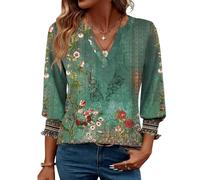 Rapbin Women Blouse Tops 3/4 Length Sleeve Fashion V-Neck Tunic Summer Casual Ladies Basic Business Tee Shirts 2025 (16-18, Bohemian Green)