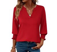 Rapbin Women Blouse Tops 3/4 Length Sleeve Fashion V-Neck Tunic Summer Casual Ladies Basic Business Tee Shirts 2025 (20-22, Red)