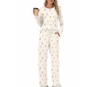 Rapbin Women Pajamas Sets Ladies PJs Floral Printing Two Piece Set Long Sleeve Loungewear Top and Wide Leg Pants Pjs Set Soft Nightwear Co ord Sets with Pockets Pink rose XL