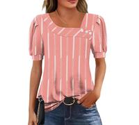 Rapbin Women Top Puff Short Sleeve Blouses Ladies Asymmetrical Neck Tops Button Blouse Tees Elegant Tunic for Leggings Pink and White Lines S
